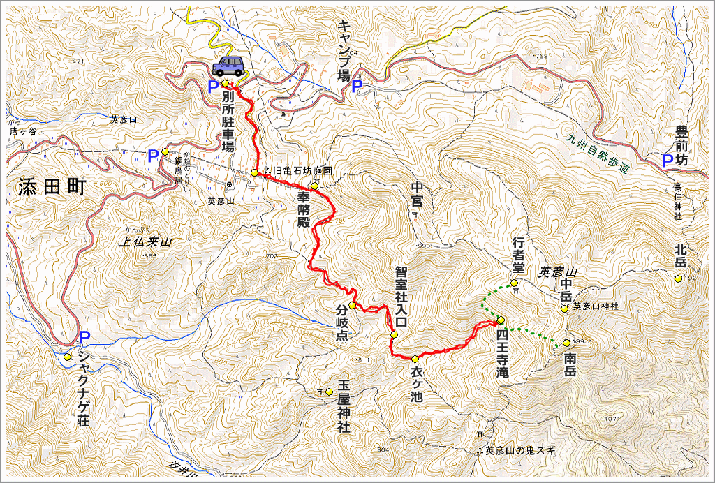 四王寺の滝のルート案内図